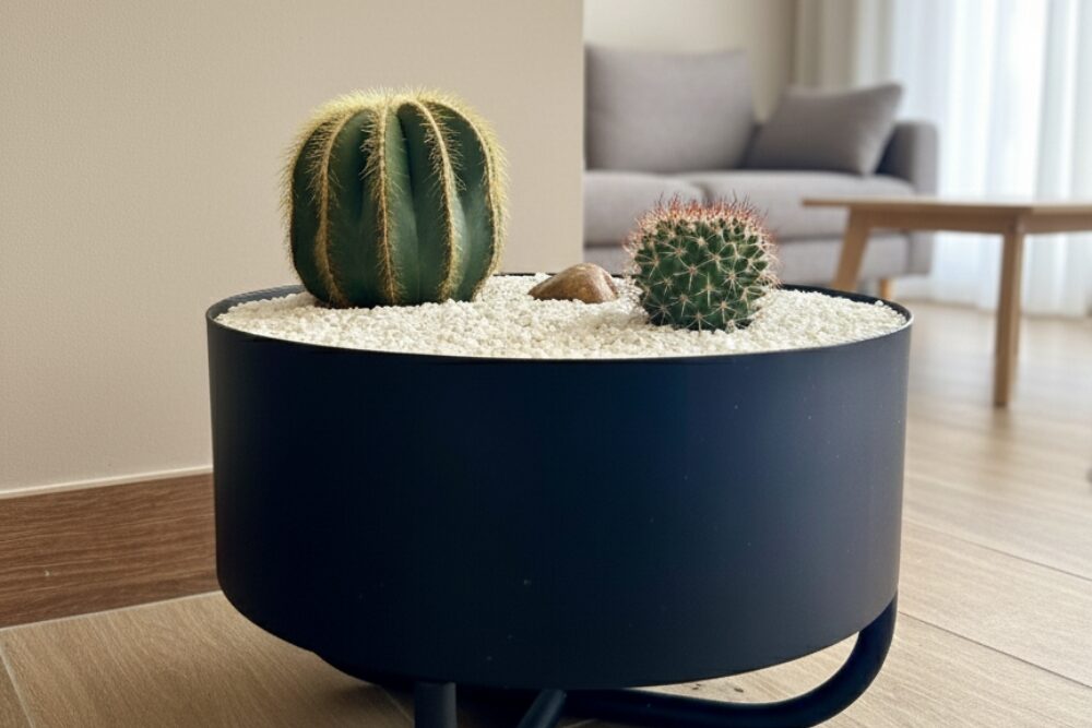 Matera de piso Serena en aluminio color negro mate, con diseño redondo y base elevada, decorada con cactus en un interior moderno y minimalista.