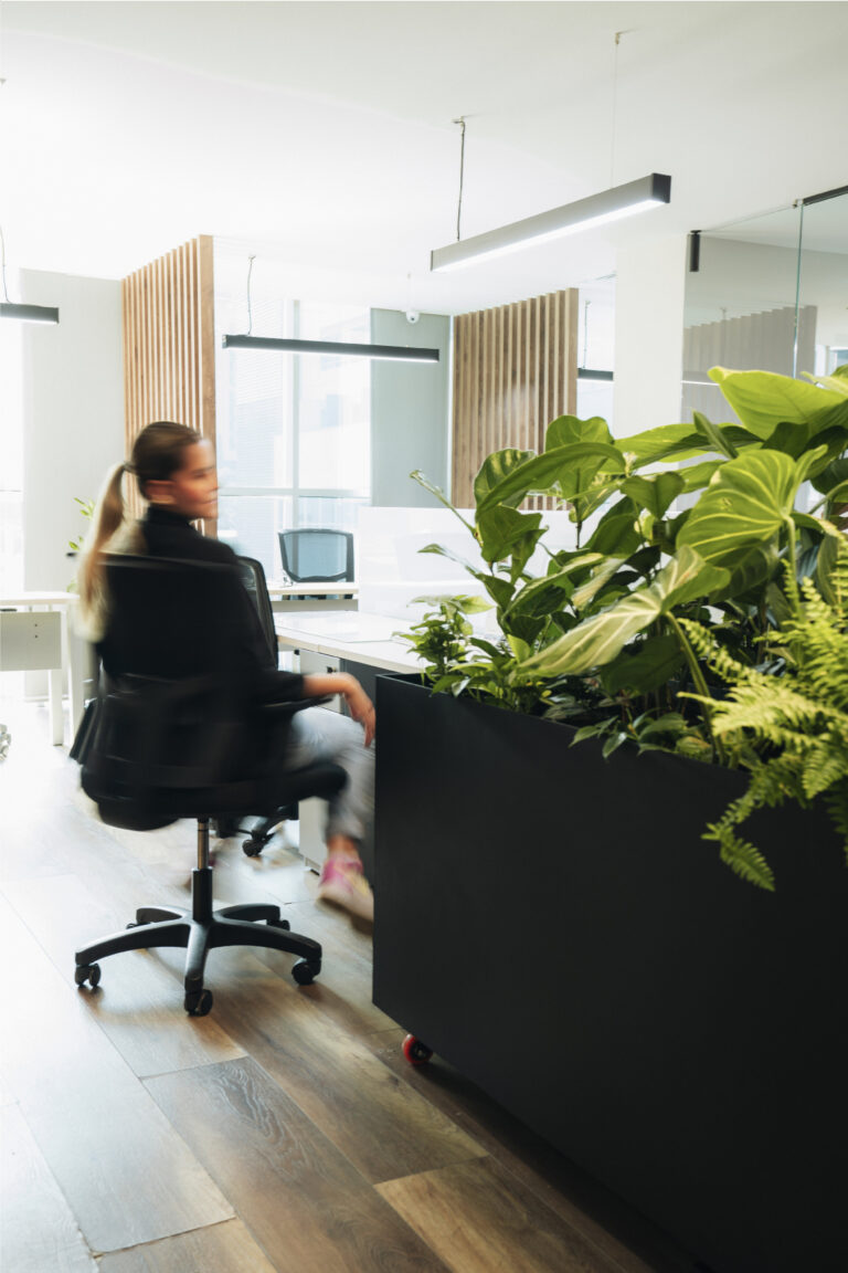Oficina Entorno Jurídico ambientada con plantas y materas de diseño, proyecto Dosdos Design